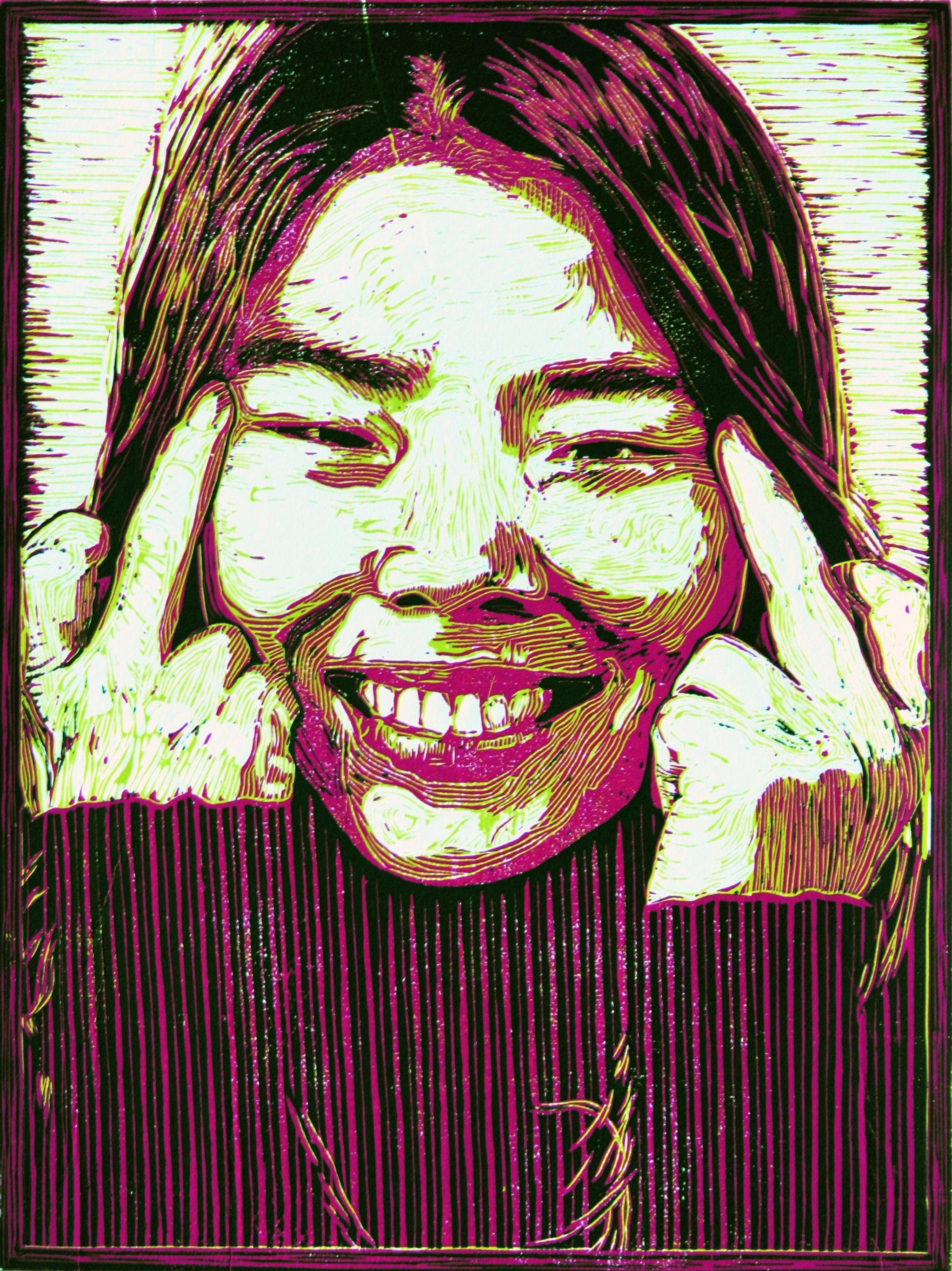 <b>Eun-Joo</b> (Selbstporträt), dreifarbiger Linolschnitt, 2011. - eun-joo